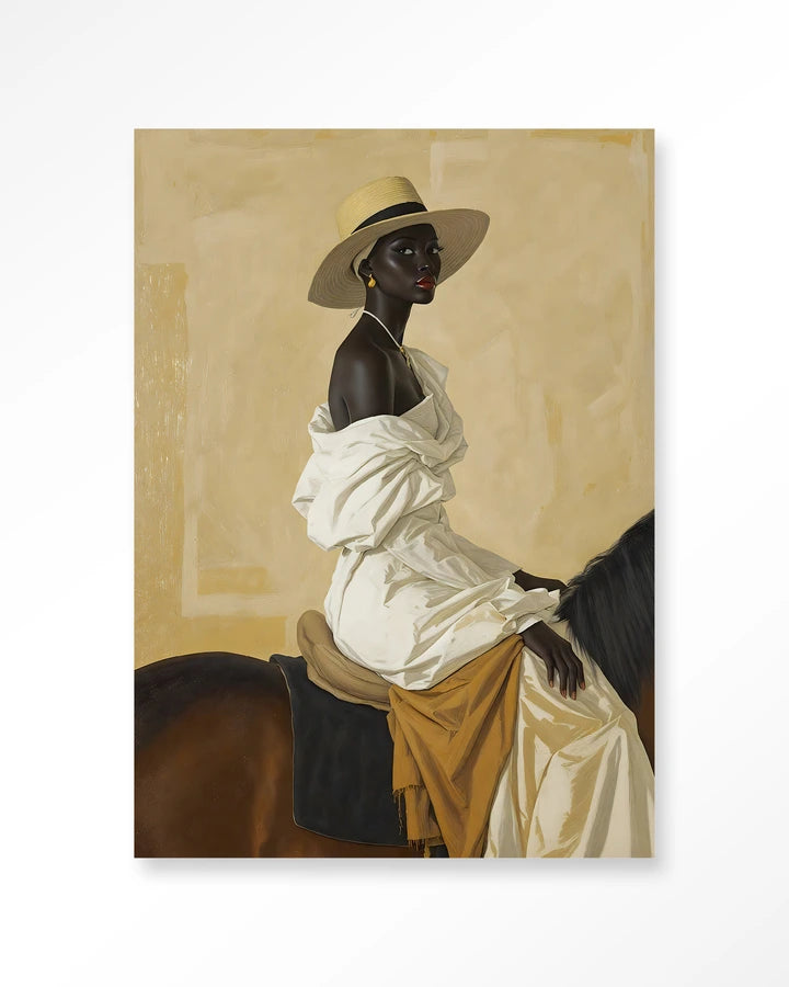 Bildemotiv av damen i hatt ridende på hesterygg.  Kunsttrykk på syrefritt papir, lerret og glass.