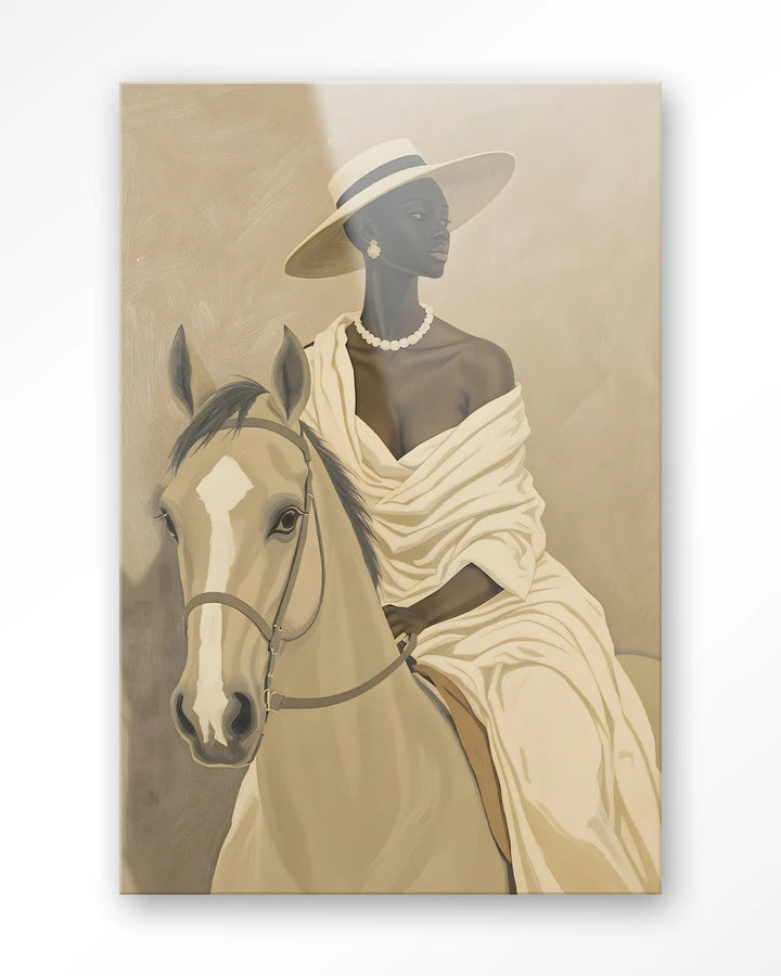 Bilde av kvinne med hatt ridende på sandfarget hest. Kunsttrykk på syrefritt papir, lerret og glass. Mørkt og litt mystiskt uttrykk.