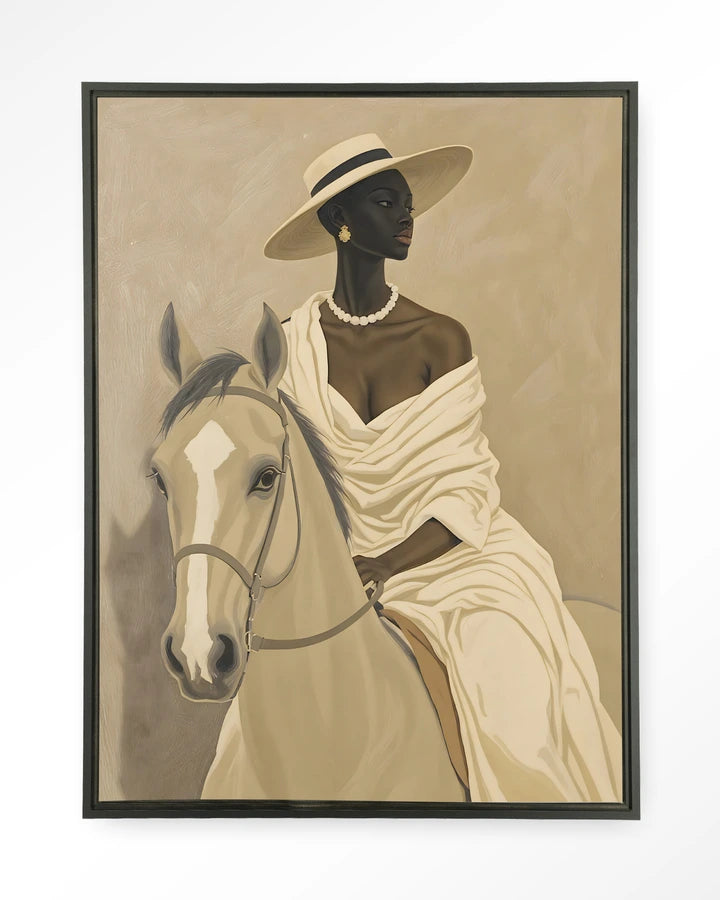 Bilde av kvinne med hatt ridende på sandfarget hest. Kunsttrykk på syrefritt papir, lerret og glass. Mørkt og litt mystiskt uttrykk.