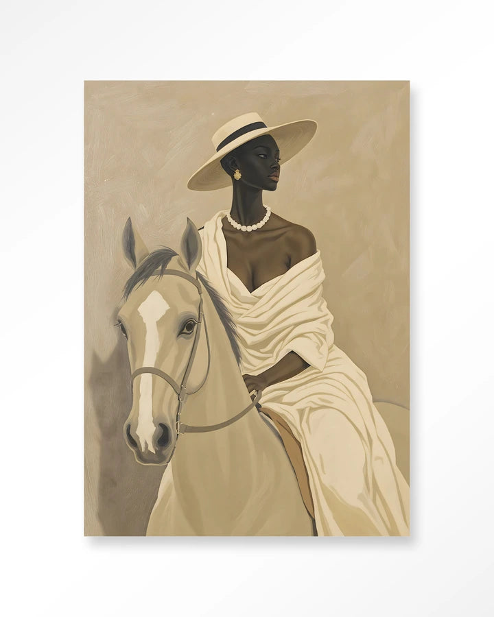 Bilde av kvinne med hatt ridende på sandfarget hest. Kunsttrykk på syrefritt papir, lerret og glass. Mørkt og litt mystiskt uttrykk.