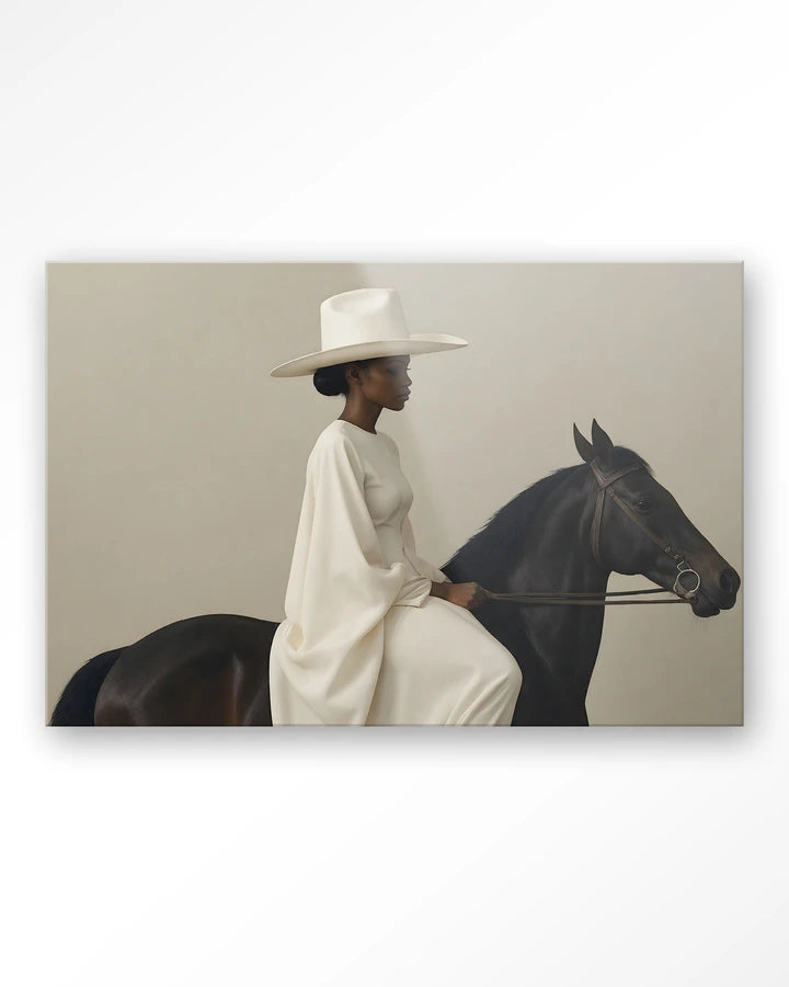 Bildemotiv av dame med hatt ridende på hest. Kunsttrykk på syrefritt papir, lerret og glass. Mørkt og litt mystiskt uttrykk.