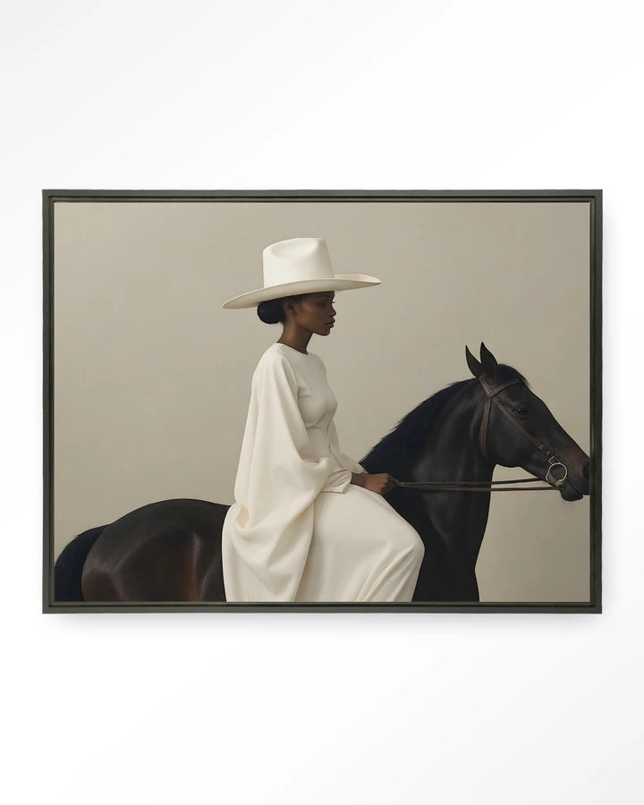 Bildemotiv av dame med hatt ridende på hest. Kunsttrykk på syrefritt papir, lerret og glass. Mørkt og litt mystiskt uttrykk.