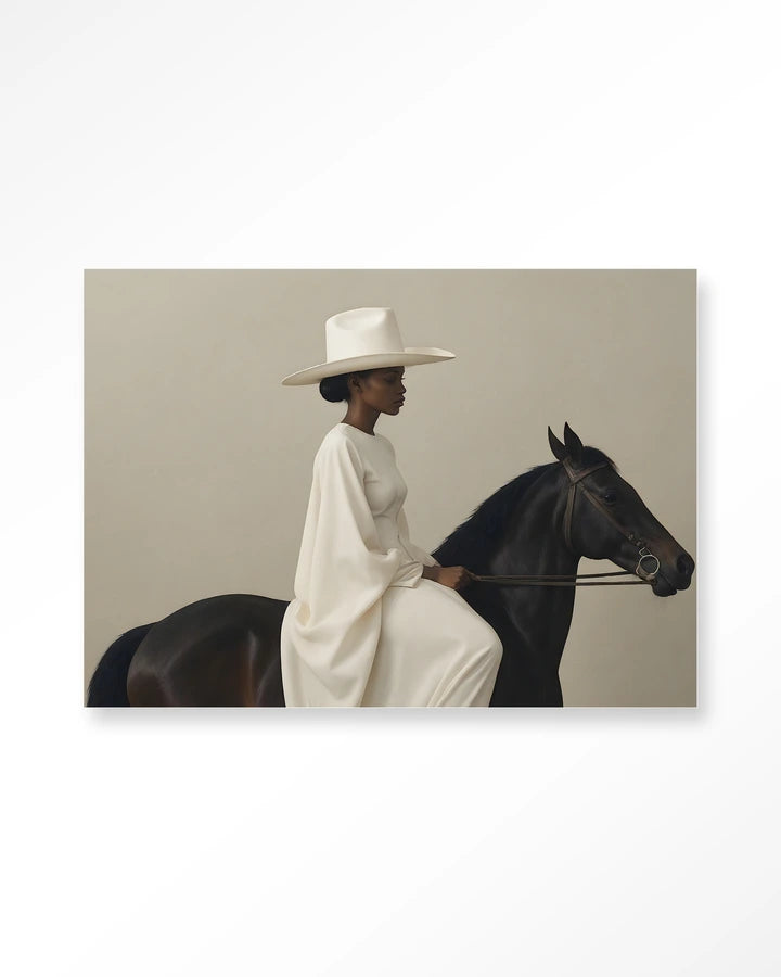Bildemotiv av dame med hatt ridende på hest. Kunsttrykk på syrefritt papir, lerret og glass. Mørkt og litt mystiskt uttrykk.