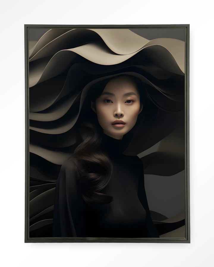 Bildemotiv med dame med bølgete hatt. Kunsttrykk på syrefritt papir, lerret og glass. Mørkt og litt mystiskt uttrykk.