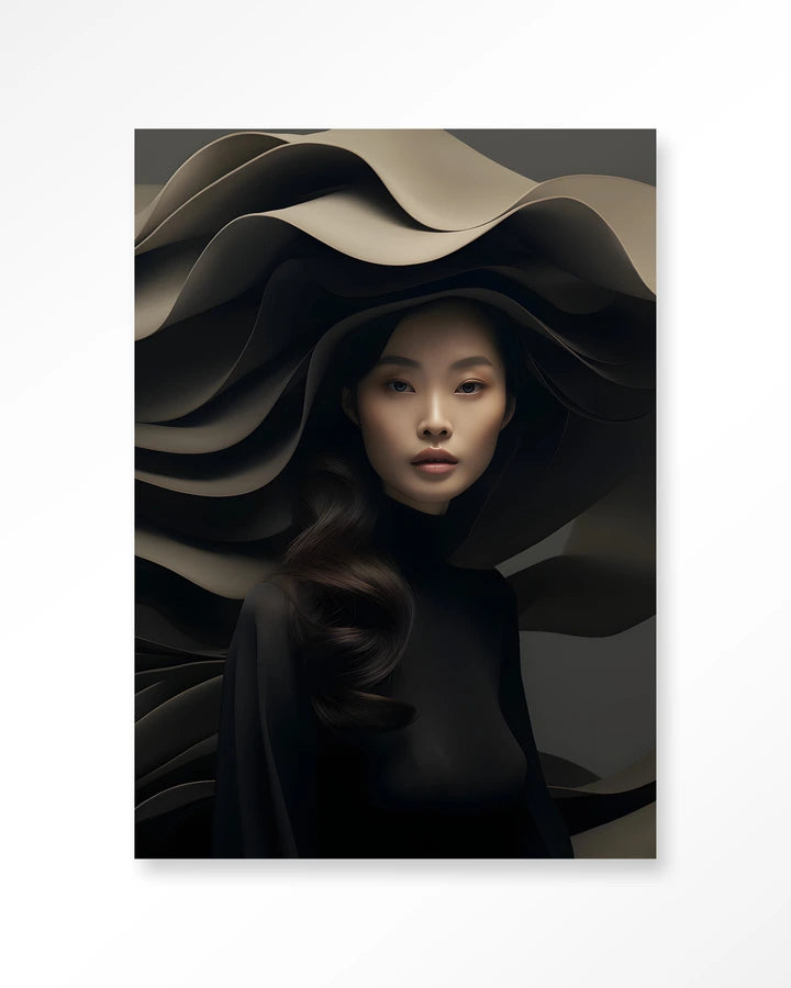 Bildemotiv med dame med bølgete hatt. Kunsttrykk på syrefritt papir, lerret og glass. Mørkt og litt mystiskt uttrykk.