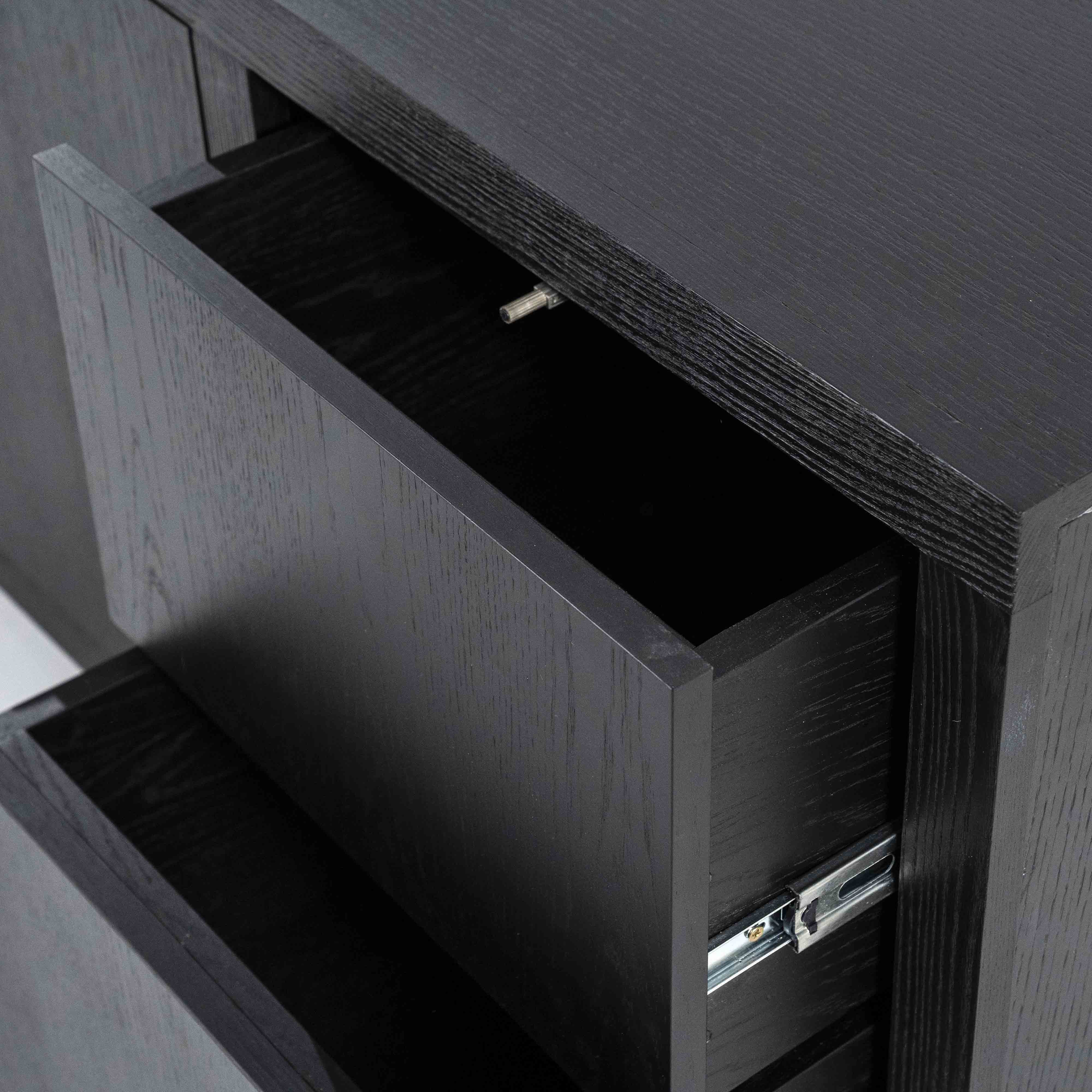 TV-benk i svart eik med skapdører og skuffer