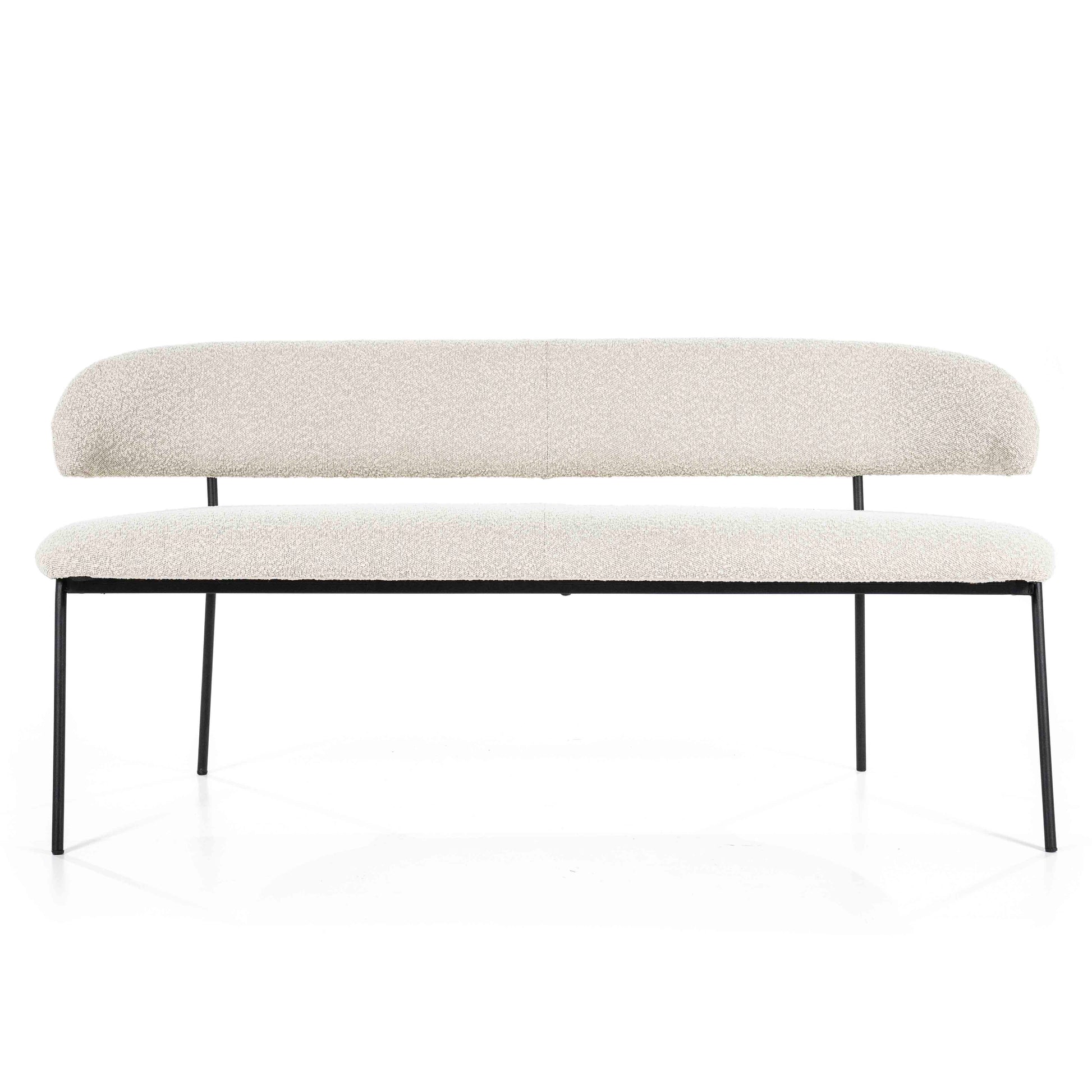 Spisebenk i lyst stoff med sorte metallben.