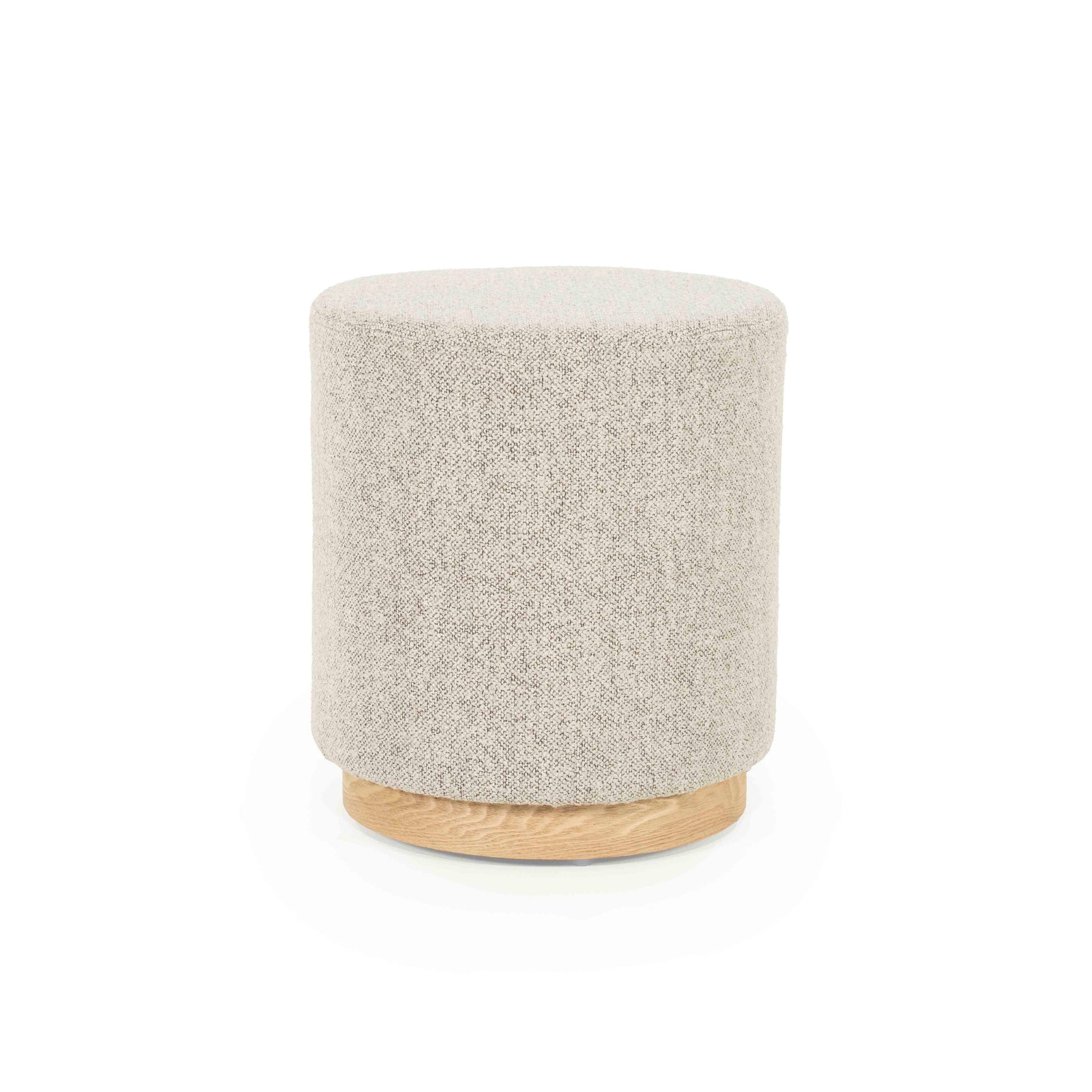 Puff med gbeige- og gråmelert stoff og furusokkel