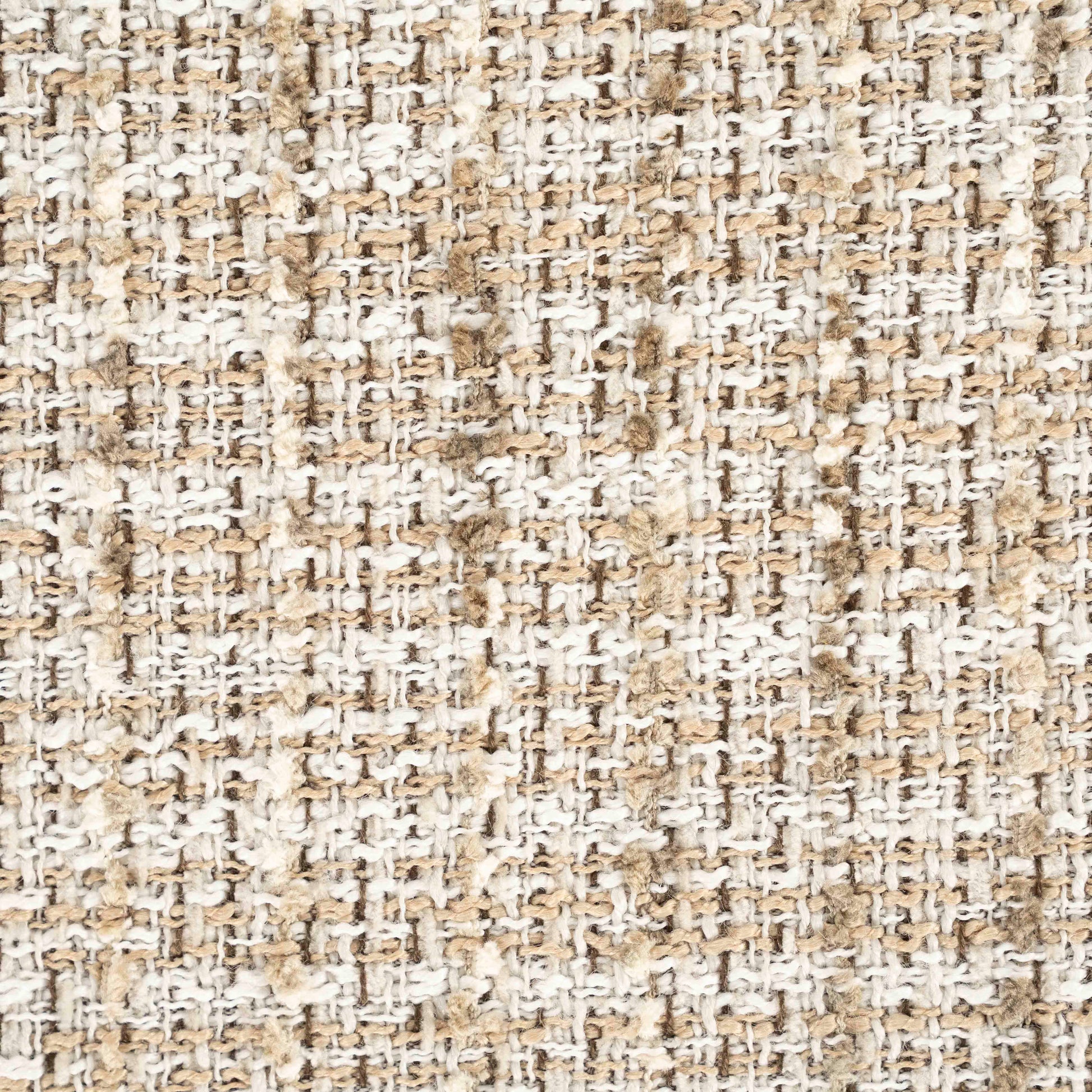 Stoffprøve: Benk i eik med lysbeige pute.