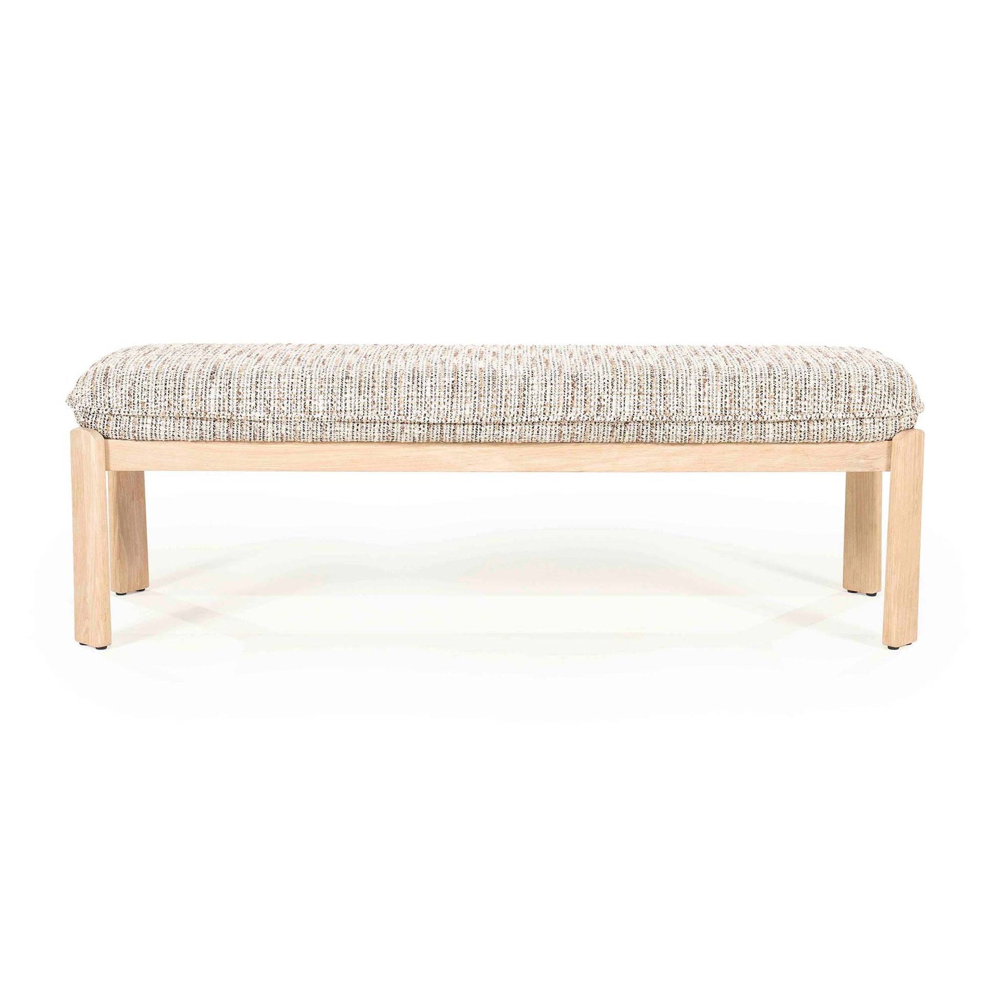 Benk i eik med beige- og brunmelert pute.